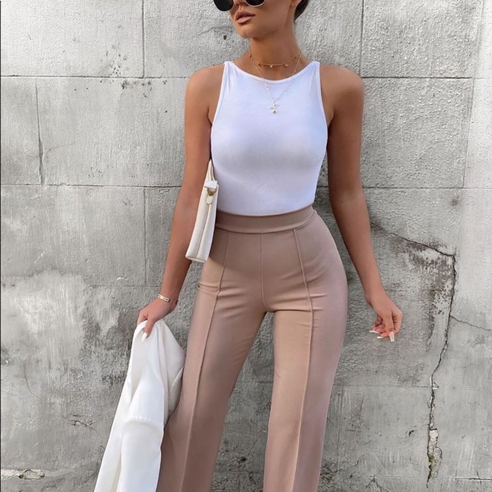 High-waisted Pleated Taupe Wide-leg Pants